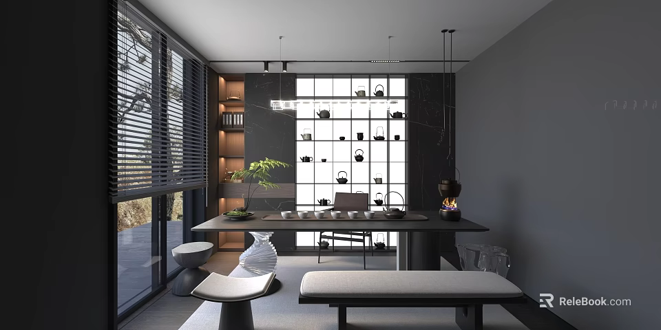 Modern Tea Room Interior With Large Windows And Tea Displays 3d model