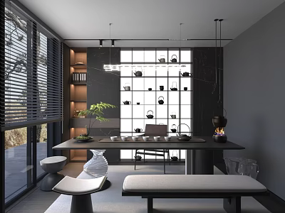Modern Tea Room Interior With Large Windows And Tea Displays 3d model