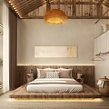 Hotel Guest Room Interior With Wooden Ceiling Pendant Lamp Tatami Bed And Staircase