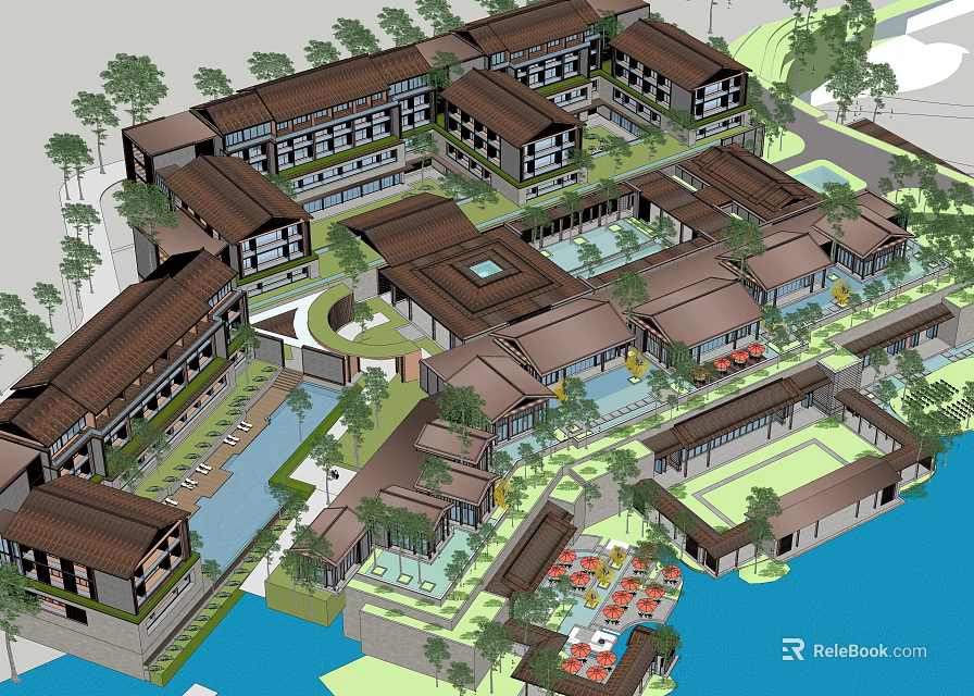 Tropical Resort Architecture Complex Featuring Courtyard Pool Palm Trees and Waterfront View 3d model 