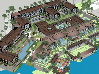 Tropical Resort Architecture Complex Featuring Courtyard Pool Palm Trees and Waterfront View 3d model