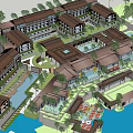 Tropical Resort Architecture Complex Featuring Courtyard Pool Palm Trees and Waterfront View