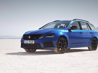Blue Skoda Estate Car With Black Alloy Wheels On Salt Flat And Roof Rails 3d model
