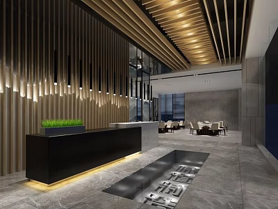 Modern Front Desk Reception Area With Wooden Slat Wall LED Lighting And Lounge Seats 3d model