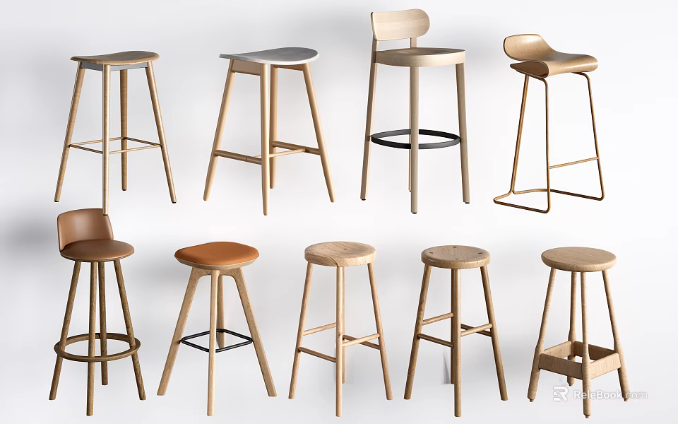 Various Modern Wooden Stools With Different Designs For Kitchen Bar Settings 3d model