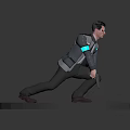 Futuristic Male Character 3D Model With Blue Glowing Outfit in Crouching Pose on Circular Platform