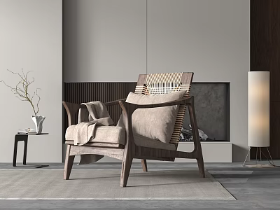 Modern Lounge Chair With Wooden Frame Plush Pillows And Cozy Blanket In Living Room Setting 3d model