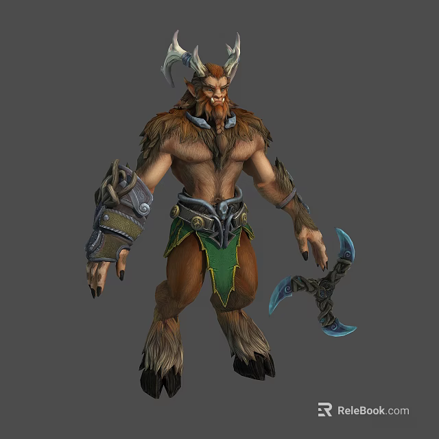 Horned Furry Mythical Creature Character With Armored Wrists Green Loincloth And Axe 3d model 