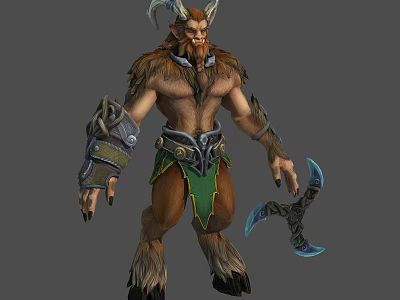 Horned Furry Mythical Creature Character With Armored Wrists Green Loincloth And Axe 3d model