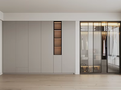 Modern Light Colored Wardrobe With Glass Doors LED Lighting And Wooden Floor Storage 3d model