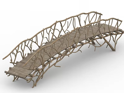 Rustic Natural Branch Bridge With Wooden Plank Deck And Twisted Railings 3d model