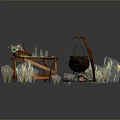 Outdoor Cooking Scene With Hanging Cauldron Wooden Table Bottles Flowers And Grass