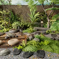 Natural Courtyard Garden Design With Stone Path Wooden Deck And Lush Plants