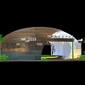 Modern Exhibition Booth With Curved Wooden Top And White Transparent Structure Surrounded By Palm Trees