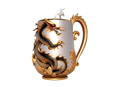 Decorative Dragon Themed Mug With Gold Silver Accents And Intricate Carvings 3d model