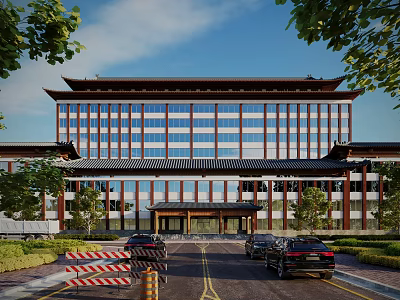 Traditional Style Office Building With Modern Glass Facade And Landscaped Entrance Driveway 3d model