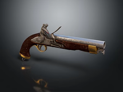 Vintage Old-Fashioned Pistol With Wooden Grip Metal Barrel And Brass Accents 3d model