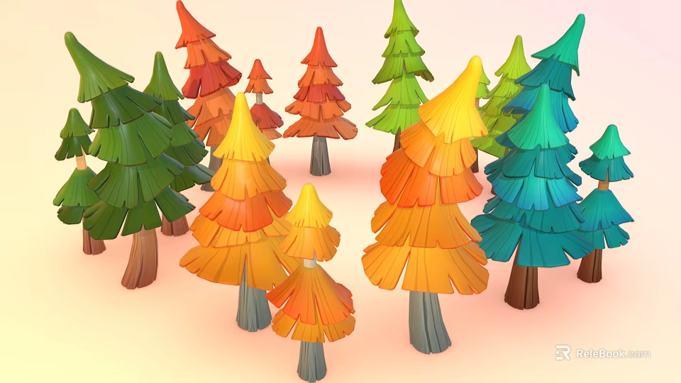 Colorful Trees with Vibrant Red Orange Yellow Green Blue Foliage in Cartoon 3D Model Style 3d model 