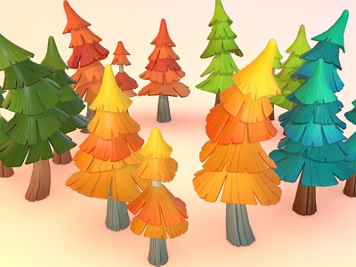 Colorful Trees with Vibrant Red Orange Yellow Green Blue Foliage in Cartoon 3D Model Style 3d model