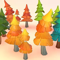 Colorful Trees with Vibrant Red Orange Yellow Green Blue Foliage in Cartoon 3D Model Style