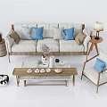 Modern Sofa Coffee Table Set With Blue Gray Pillows Tea Set And Side Table Lamp 3d model