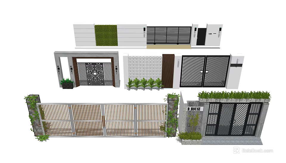 Various Modern Entrance Gates With Wooden Metal Grilles And Green Plant Decorations 3d model 