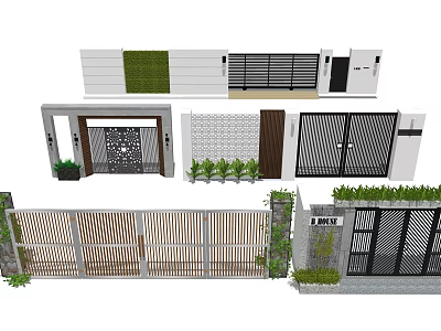 Various Modern Entrance Gates With Wooden Metal Grilles And Green Plant Decorations 3d model