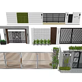 Various Modern Entrance Gates With Wooden Metal Grilles And Green Plant Decorations