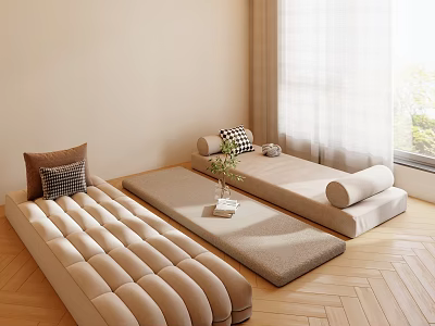 Minimalist Japanese Living Interior With Beige Daybeds Herringbone Flooring Plaid Pillows And Light Curtains 3d model