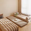 Minimalist Japanese Living Interior With Beige Daybeds Herringbone Flooring Plaid Pillows And Light Curtains