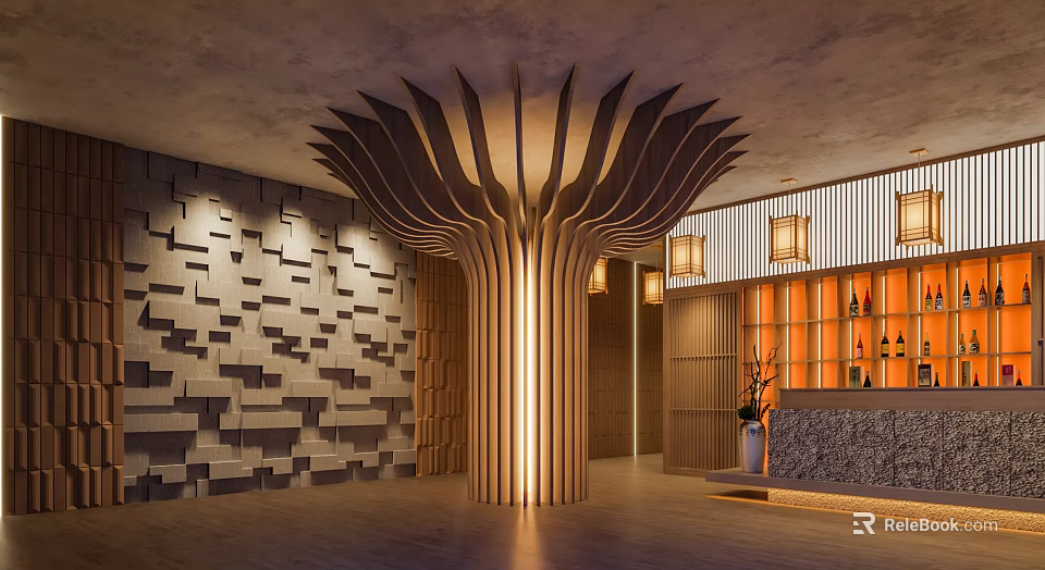 Elegant Modern Hotel Lobby Interior With Wooden Decorative Structure Reception Desk And Stylish Wall Lighting 3d model 