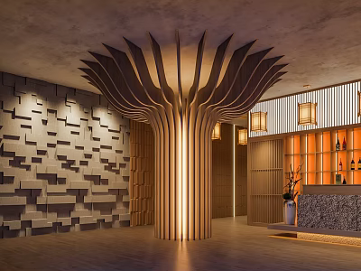Elegant Modern Hotel Lobby Interior With Wooden Decorative Structure Reception Desk And Stylish Wall Lighting 3d model