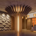 Elegant Modern Hotel Lobby Interior With Wooden Decorative Structure Reception Desk And Stylish Wall Lighting