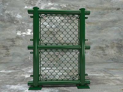 Green Metal Fence With Chain Link Mesh Posts And Sturdy Crossbar Structure 3d model