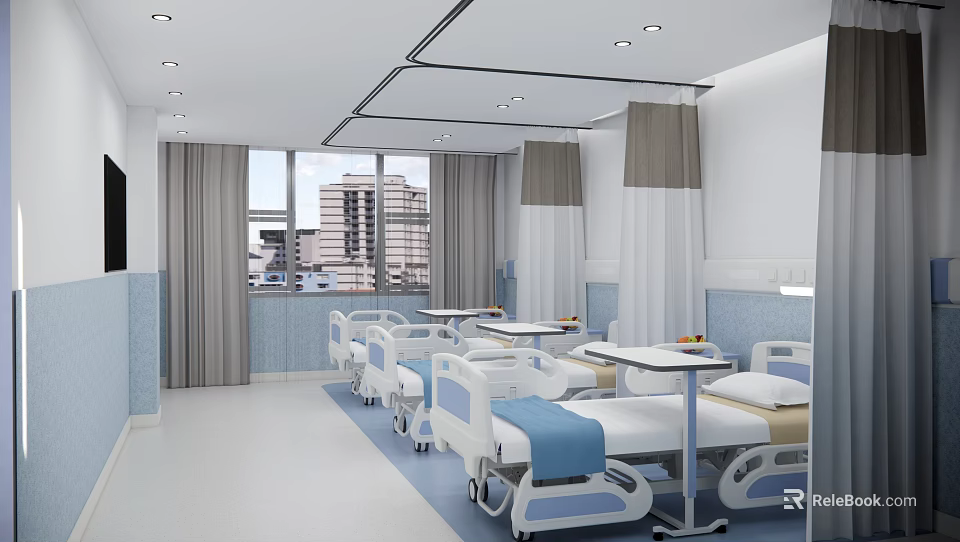 School Infirmary Interior With Blue White Walls Beds Windows And Curtains 3d model 