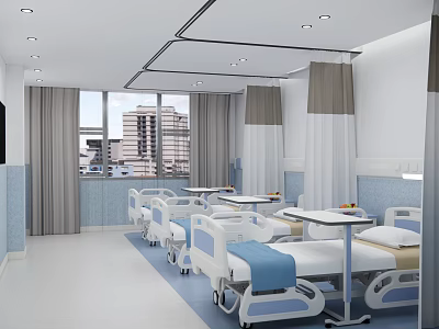 School Infirmary Interior With Blue White Walls Beds Windows And Curtains 3d model