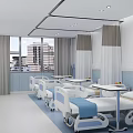 School Infirmary Interior With Blue White Walls Beds Windows And Curtains