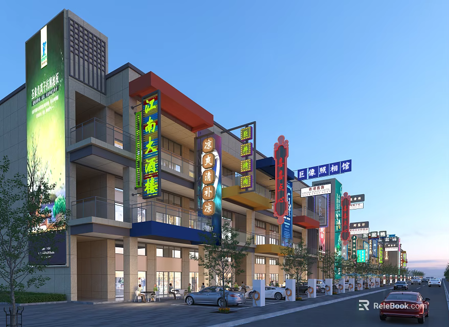 Vibrant Commercial Street With Colorful Signs Multi Story Buildings And Shops 3d model 