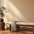 Wooden Shoe Bench With Upholstered Seat And Potted Plant In Sunlit Entryway