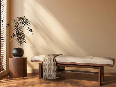 Wooden Shoe Bench With Upholstered Seat And Potted Plant In Sunlit Entryway 3d model