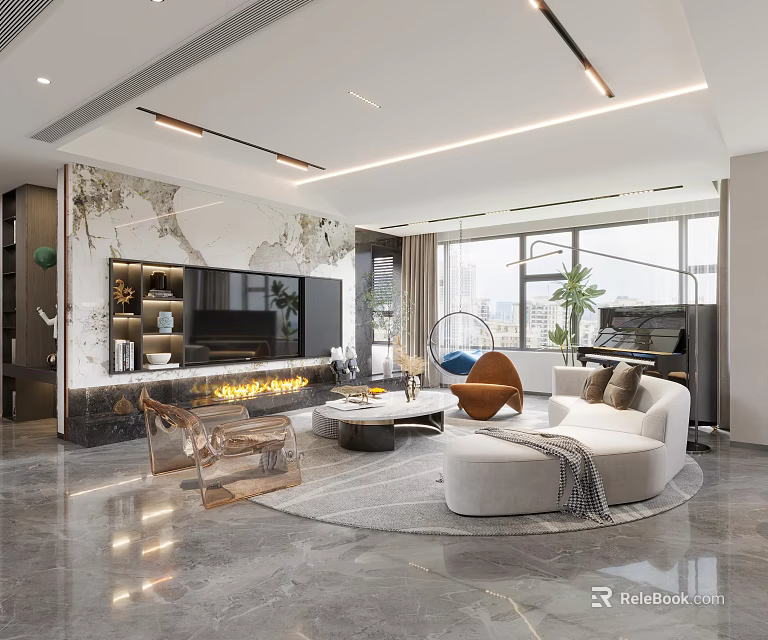 Modern Living Dining Room Interior With TV Wall Marble Elements And Floor to Ceiling Windows 3d model 