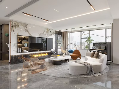 Modern Living Dining Room Interior With TV Wall Marble Elements And Floor to Ceiling Windows 3d model