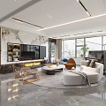 Modern Living Dining Room Interior With TV Wall Marble Elements And Floor to Ceiling Windows