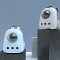 Light Blue And White Robot Style Backpacks With Circular Transparent Windows On Black Stands