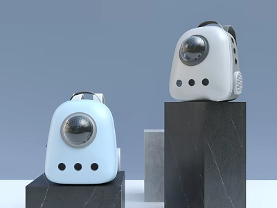 Light Blue And White Robot Style Backpacks With Circular Transparent Windows On Black Stands 3d model