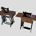 Industrial Sewing Machines On Wooden Tables With Purple And Light Blue Fabric