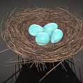 Natural Twig Nest With Four Blue Speckled Eggs On Dark Surface