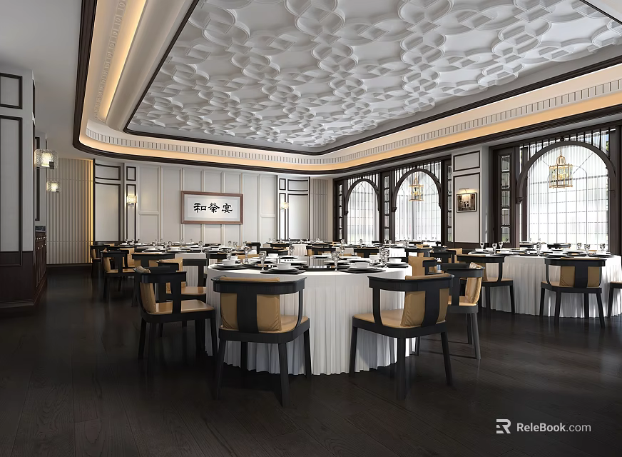 Chinese Style Banquet Hall with Carved Ceiling Round Tables White Tablecloths and Arched Windows 3d model 