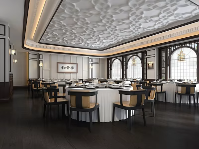 Chinese Style Banquet Hall with Carved Ceiling Round Tables White Tablecloths and Arched Windows 3d model