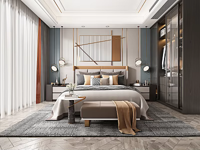 Modern Bedroom Interior Design With Geometric Wall Art Bedside Tables And Area Rug 3d model